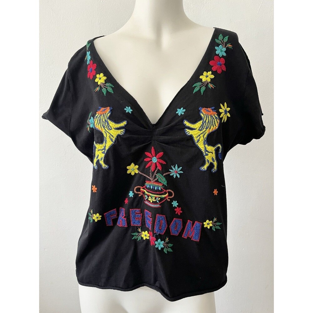 Johnny Was Black V-Neck Short Sleeve Tee with Multicolor Embroidery